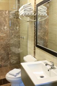 La salle de bains est pourvue d'un lavabo, de toilettes et d'un miroir. dans l'établissement Hotel Presidente Internacional, à Guayaquil