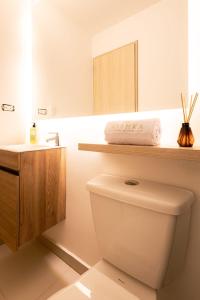 a bathroom with a toilet and a sink and a mirror at Casa Mishka Hotel Boutique Habitación #104 Nuevo Cartagena in Cartagena de Indias
