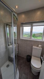 baño con ducha y aseo y ventana en Lane End Cottage Holmfirth - Panoramic Views, Modernised with offroad parking en Holmfirth