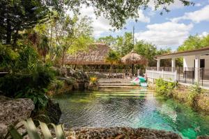 a pool of water in front of a house at The Lake House Mia Natural Pool Wellness Center Pool Table Ping Pong Family in Homestead