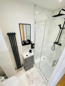 a bathroom with a shower and a toilet and a sink at Sun Guest House Cambridge in Cambridge