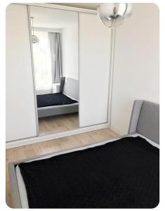 グダニスクにあるApartament Gdańsk 17のリビングルーム(鏡、ソファ付)
