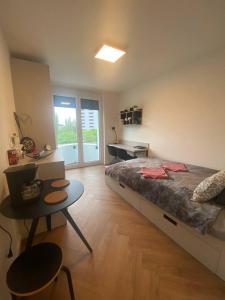 - une chambre avec un lit, une table et un bureau dans l'établissement Cozy Modern Studio Next to Easy Side Galley, à Berlin