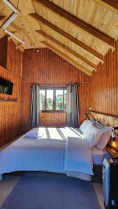 um quarto com uma cama grande num quarto de madeira em Chalés Monte Verde em Bom Jardim da Serra