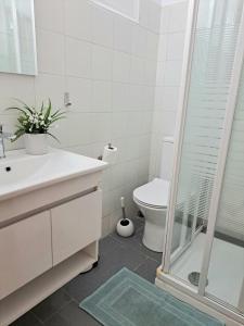 Un baño con inodoro y ducha de cristal. en Orion Studios C, en Centro histórico de Alónnisos