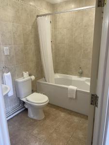 a bathroom with a toilet and a tub and a sink at Hotel 1843 Reading in Reading