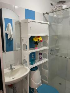La salle de bains blanche est pourvue d'un lavabo et d'une douche. dans l'établissement Alojamiento en Armenia, à Armenia