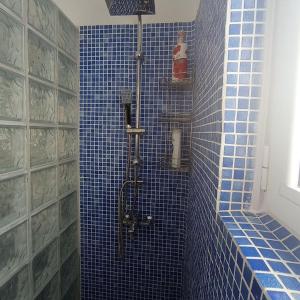um chuveiro de azulejos azuis numa casa de banho de azulejos azuis em Angela's Seaview Apartment em Cálcis
