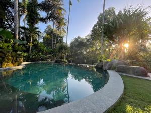 une piscine dans un jardin planté d'arbres et de rochers dans l'établissement The Ubāri Bali - Luxury Riverside Escape, à Ubud