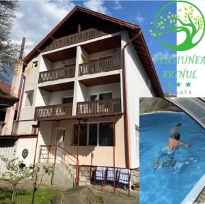 a man swimming in a swimming pool in front of a building at Pensiunea Arinul in Sovata