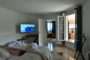1 dormitorio con 1 cama y TV en la pared en Elégant-Cosy 2P55M2 dans bas de villa provençale !, en Villeneuve-Loubet
