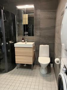 uma casa de banho com um WC, um lavatório e um chuveiro em Ihana huoneisto - The Nest with Sauna in VAASA em Vaasa