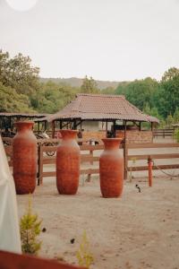 four large orange vases sitting in front of a picnic table at Glamping El Encanto in Zapopan
