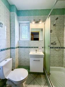 a bathroom with a toilet and a sink and a shower at Dom Wypoczynkowy Słoneczna in Ustka