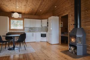 una cucina e una sala da pranzo con una stufa in una cabina di Matilda Villas, quality villas by the sea in the beautiful village of Mathildedal a Matildedal Altre 40 foto
