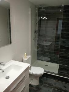 パラモスにあるパラモス アパルタメントスのバスルーム(トイレ、ガラス張りのシャワー付)