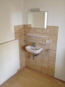 a bathroom with a sink and a mirror on the wall at Bergadler in Iselsberg +24 photos