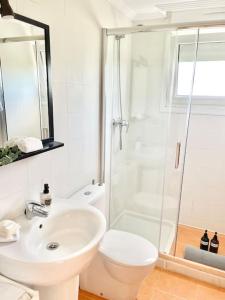 a bathroom with a toilet and a sink and a shower at Apto HUCA-Prados Con Parking in Oviedo