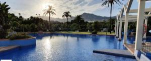 una gran piscina azul con palmeras y montañas en Benalbeach playa - Tu hogar frente al mar, complejo 4 piscinas, en Arroyo de la Miel 15 fotos más
