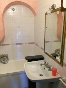 a bathroom with a sink and a mirror at Appartamento Caminia in Stalettì