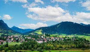 a town in a valley with mountains in the background at Haus Engel in Pfronten +4 photos