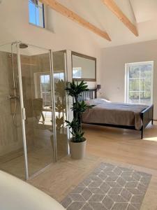 a bedroom with a glass shower and a bed at Villa Amelie' Wochenend- und Ferienhaus in Heimschuh +3 photos