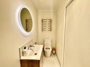 a bathroom with a sink and a toilet and a mirror at Nice 3 bedroom Townhouse U2 in Hamilton +21 photos
