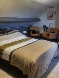 1 Schlafzimmer mit einem großen Bett und 2 Stühlen in der Unterkunft Anja's House in Breda
