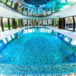 錫納亞的住宿－弗洛里酒店，一座带窗户的建筑里,有一个蓝色的游泳池