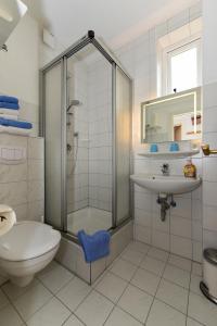 La salle de bains est pourvue d'une douche, d'un lavabo et de toilettes. dans l'établissement Pension Hilligenlei Wohnung Langeness, à Wyk auf Föhr