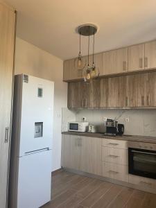 a kitchen with a white refrigerator and wooden cabinets at PARASCHOS APARTMENTS Kardamaina in Kos
