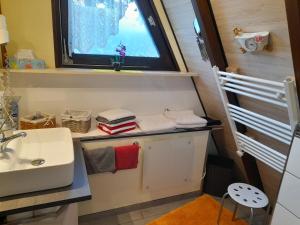 a bathroom with a sink and a window at Eifeler Finnhaus mit Sauna, Mühlenberg 13 in Dockweiler +45 photos