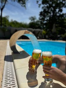 VALEA MAGURII في نوفاسي-سترايني: شخصان يحملان أكواب من البيرة بجوار حمام السباحة