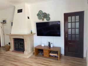 a living room with a fireplace and a flat screen tv at Cotovia Lodge in Sesimbra