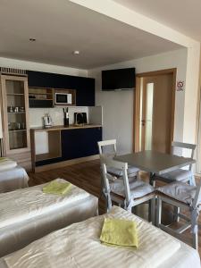 a room with a table and chairs and a kitchen at Penzion Smile in Brno