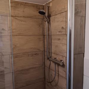 a shower in a bathroom with a wooden wall at Piratennest Nord in Bordelum