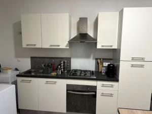 a kitchen with white cabinets and a stove top oven at Appartement in Belfort +2 photos