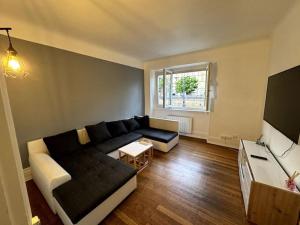 a living room with a couch and a tv at Appartement in Belfort