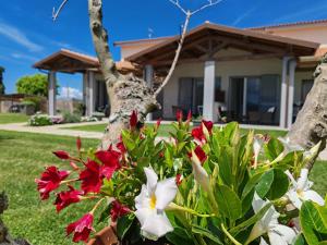 una casa con fiori rossi e bianchi in un cortile di Residence Pace & Relax a Marina di Grosseto