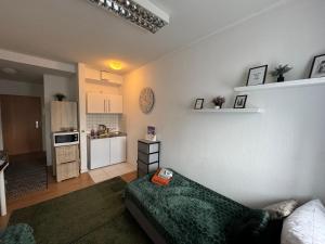 a living room with a couch and a kitchen at Business Appartement Mainz Duo in Mainz