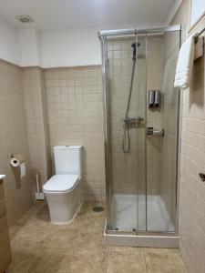 a bathroom with a toilet and a glass shower at Camiño da Vila in Redondela +2 photos