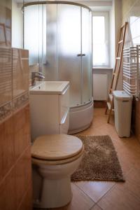 a bathroom with a shower and a toilet and a sink at 75 m2 Apartment - Private House in Rumia