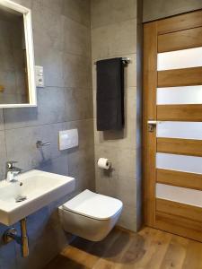 un bagno con un water bianco e un lavandino di Apartamenty siostra i siostra a Łaziska