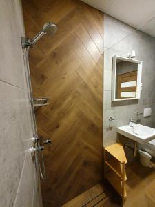 uma casa de banho com um chuveiro, um lavatório e um espelho. em Apartamenty siostra i siostra em Łaziska