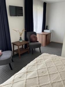 um quarto de hotel com um quarto com uma cama e uma cadeira em Izabelės apartamentai em Palanga