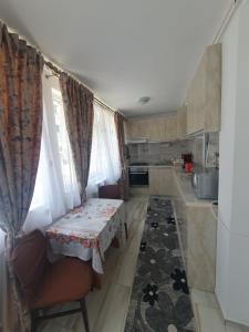 a small kitchen with a table and a sink at Apartament Beatrice in Năvodari
