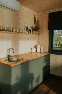 a kitchen with a sink and a wooden wall at Palikt niedrēs in Salacgrīva +22 photos