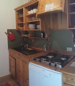 a kitchen with wooden cabinets and a stove top oven at Supermountainski Colfosco in Colfosco