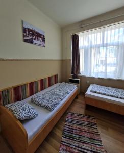 2 camas en una habitación con ventana y alfombra en Tó Szálló en Dunapataj