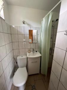 a bathroom with a toilet and a sink and a shower at Łąkowa Dolina - domek letniskowy in Supraśl